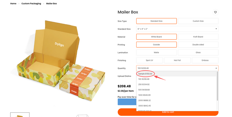 Dylign mailer box customization page with product display and form.